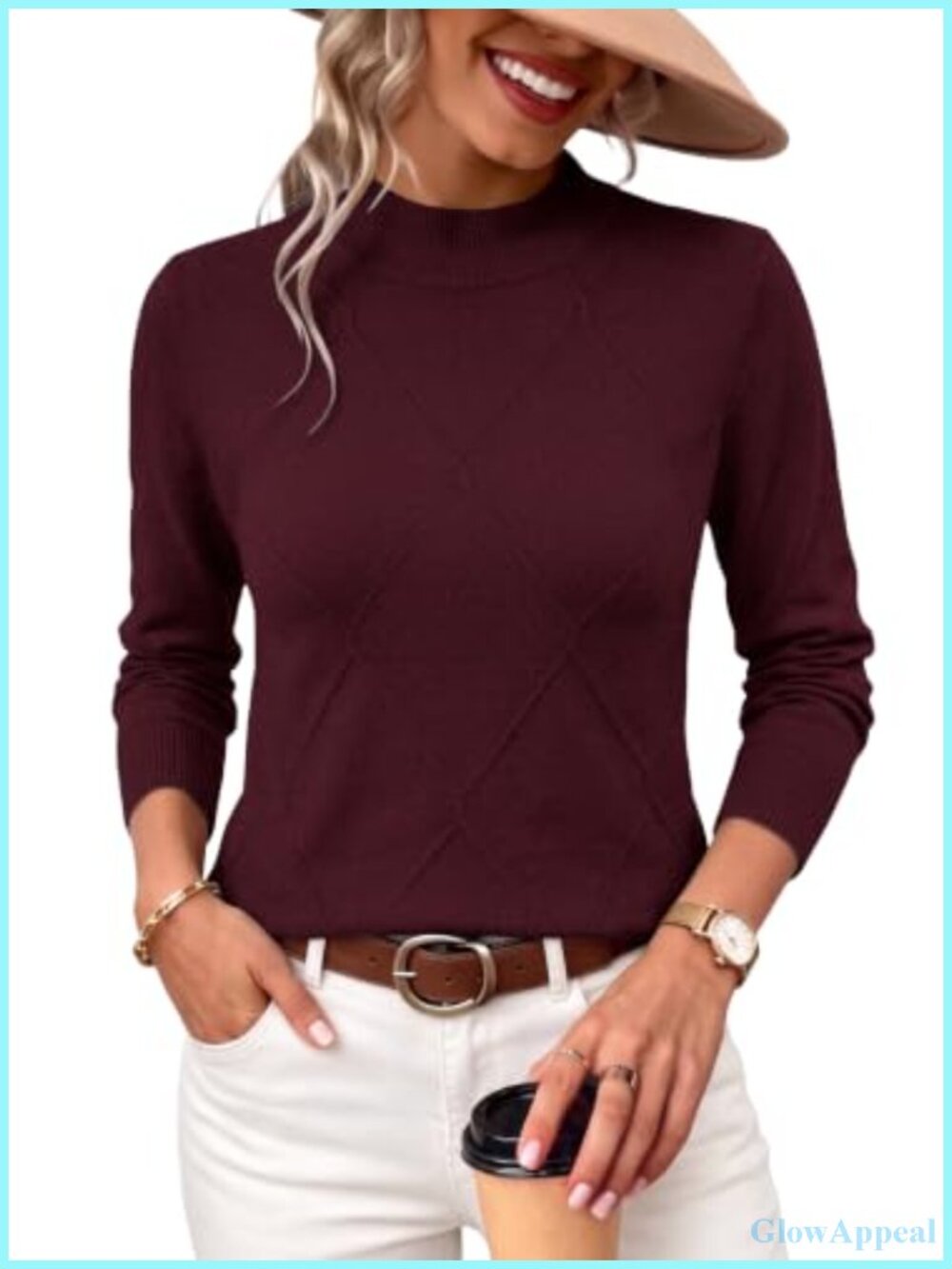 Womens Cable Knit Argyle Sweater Long Sleeve Mock Neck Pullover Fall Winter